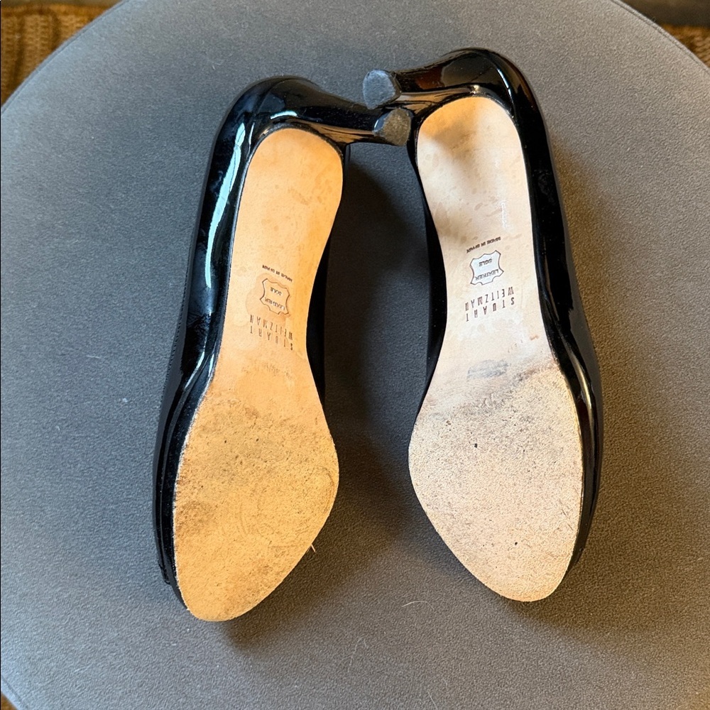 Stuart Weitzman Glossy Black Patent Leather Womens 6.5 Peep-Toe Heels - Picture 8 of 10